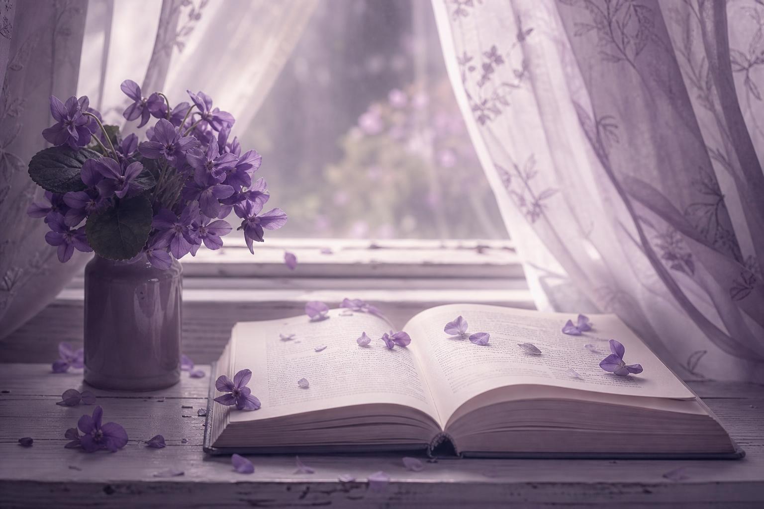 An open book on a windowsill with fresh violets and falling lilac petals